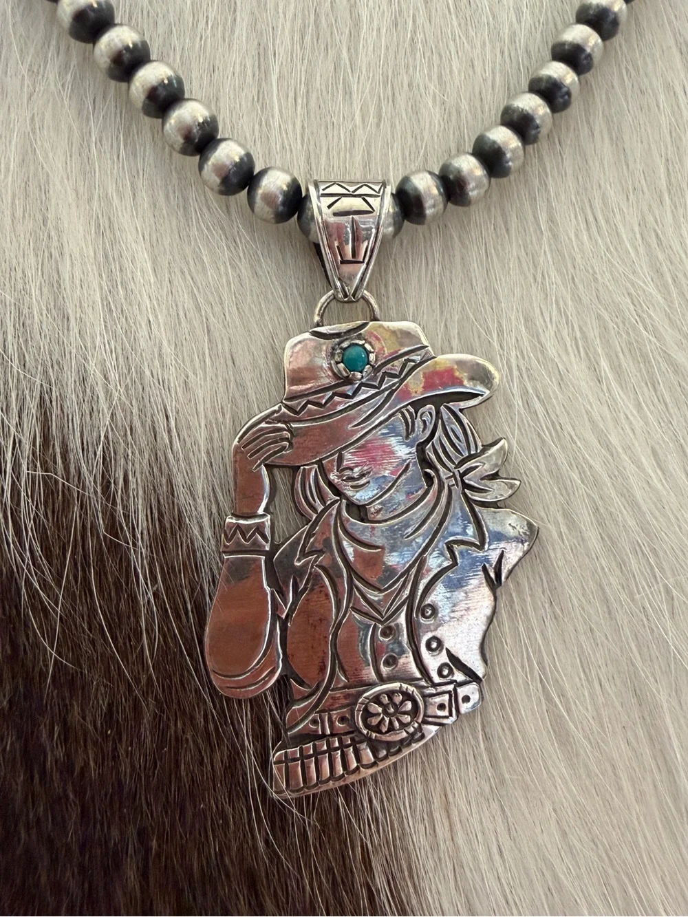 ❤️ Hand Stamped Sterling 925 Cowgirl Pendant w Turquoise Accent Decorative Bail
